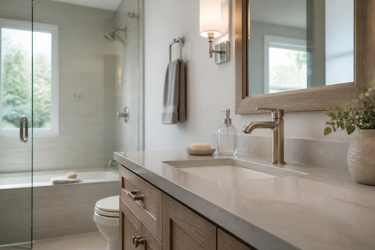 Bright finished bathroom with polished faucet and clean fixtures.