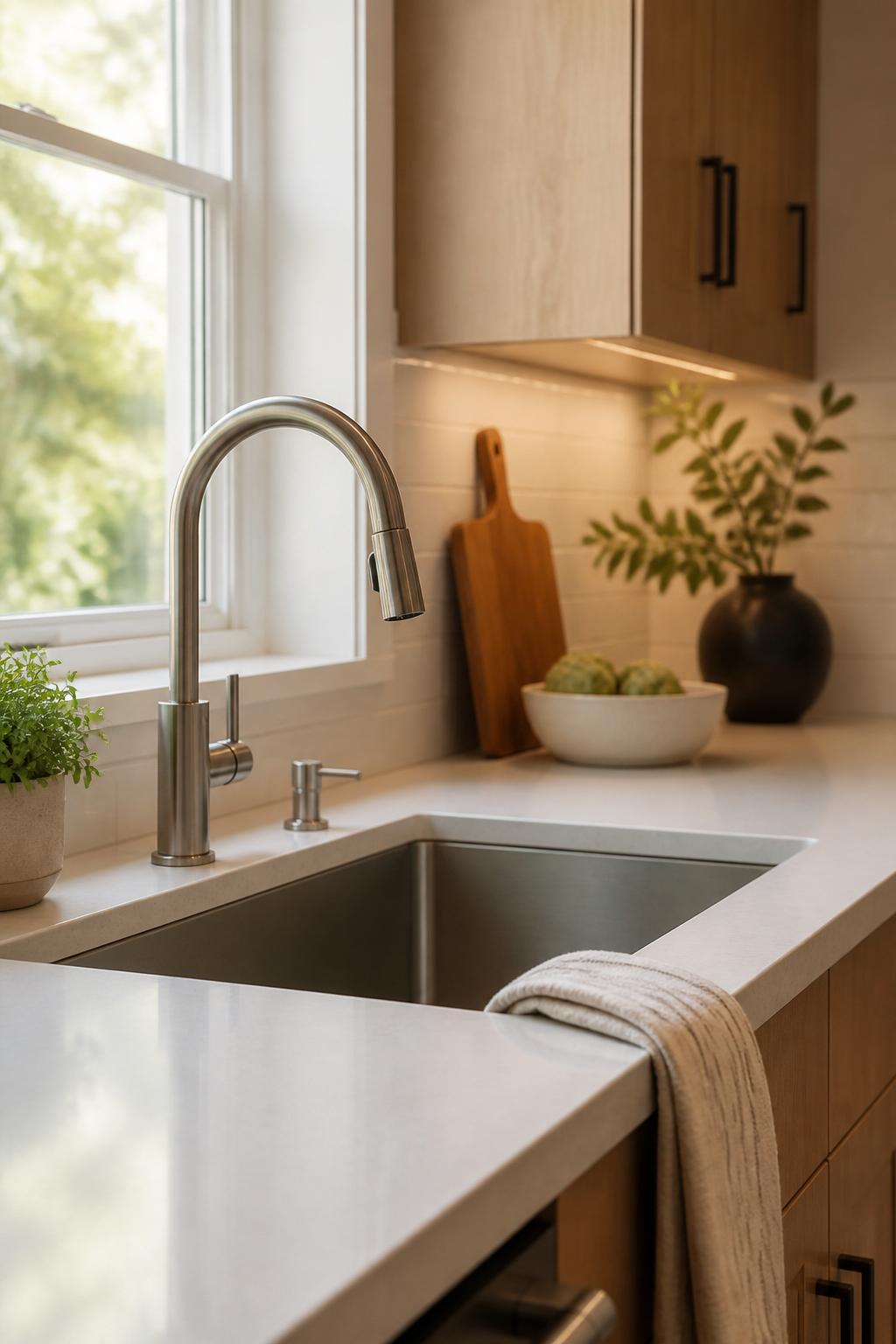 Modern kitchen with clean sink fixtures and soft natural light.